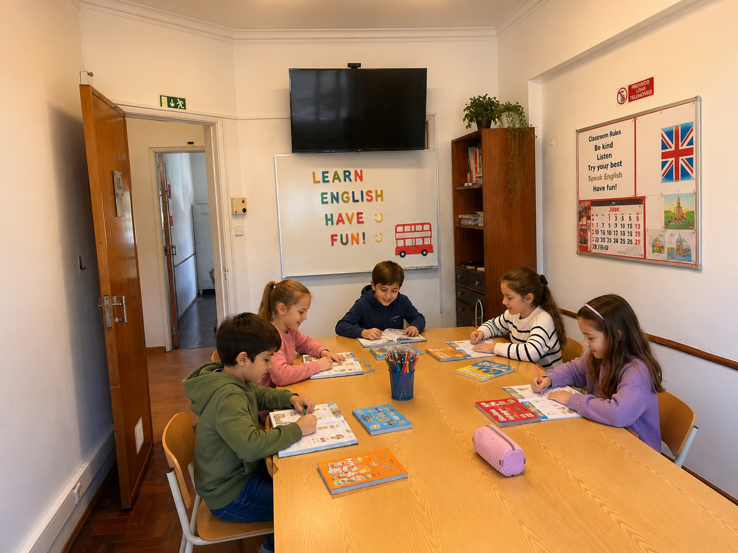 Crianças numa aula do programa MiniClub de inglês no ILO em Oeiras